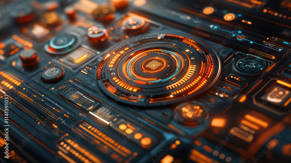 Poster futuristic control panel with glowing buttons and intricate designs, showcasing advanced technology 