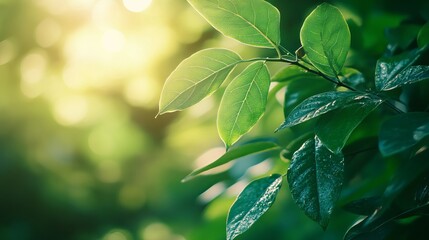 Fresh green leaf close-up in sunlit garden, lush natural foliage background for eco-friendly design or spring themes