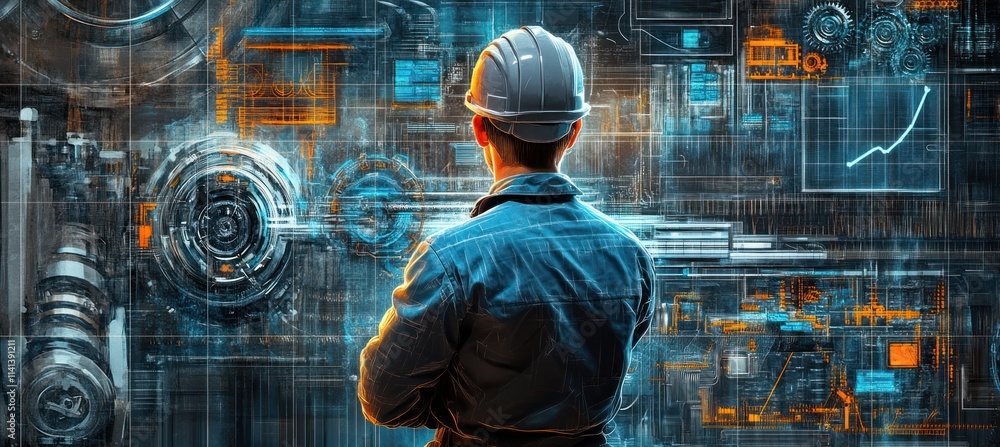 Poster engineer looks at complex machinery with data charts.