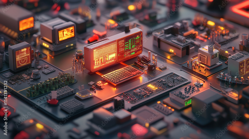 Poster futuristic digital landscape with glowing computer systems and circuits