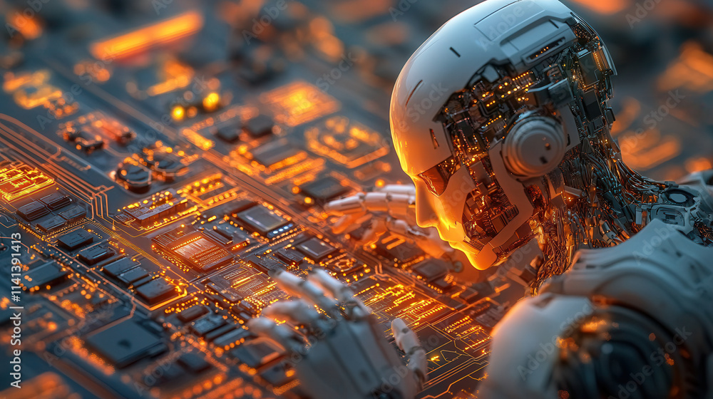 Poster futuristic ai powered robot interacting with glowing circuit board, showcasing advanced technology a