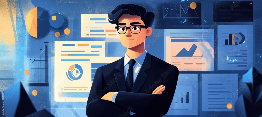 Poster man with data visualizations.