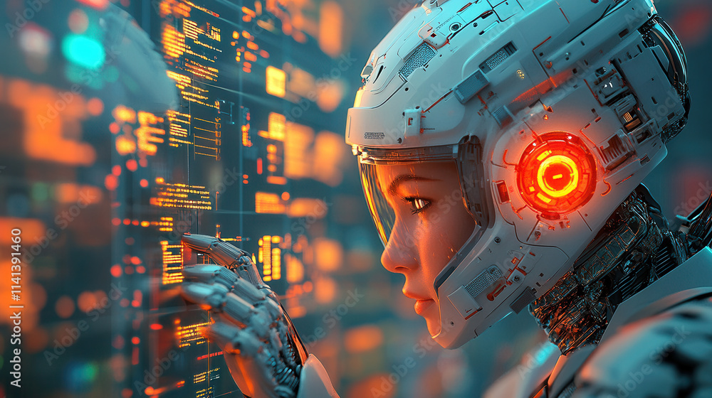 Poster futuristic ai powered robot interacting with glowing data displays, showcasing advanced technology a
