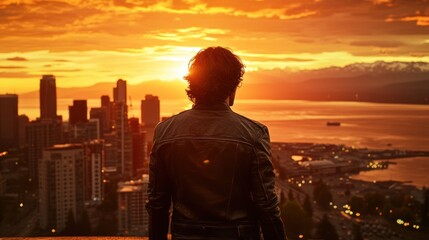 Man looks over a city skyline during golden sunset.