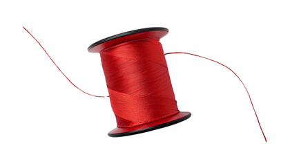 A vibrant red spool of thread with a loose end against a clean background.