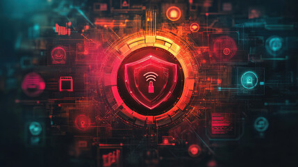 Obraz premium Futuristic digital shield glowing with AI elements, symbolizing cybersecurity