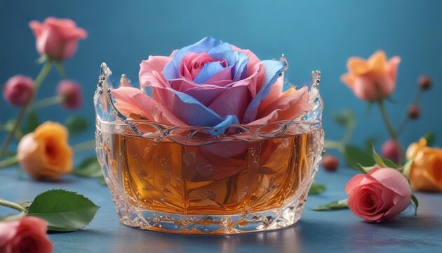 Profumo di agrumi circondata da una corona di rose e foglie sull'azzurro sfondo , agrumi, elegante, profumo