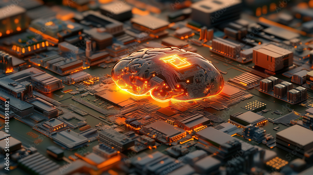 Poster glowing ai brain connected to high tech digital circuit board, symbolizing advanced technology and i