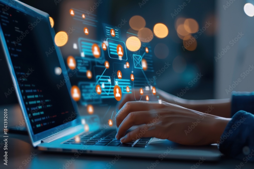 Poster a person types on a laptop, surrounded by digital icons and data, representing connectivity and tech