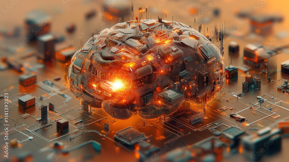 Poster glowing ai brain connected to high tech digital network, showcasing advanced technology and innovati