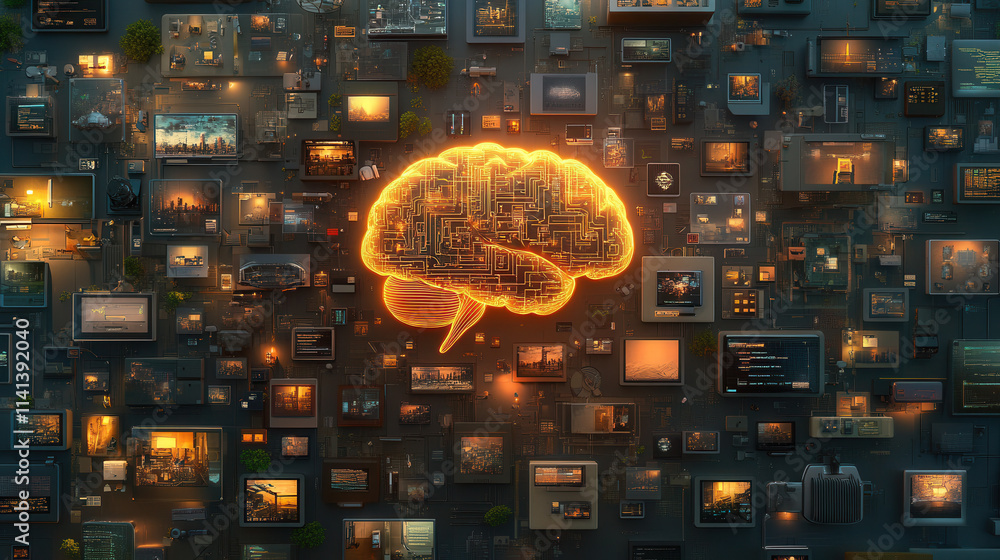 Poster glowing ai brain surrounded by digital screens and encrypted codes, symbolizing technology and innov