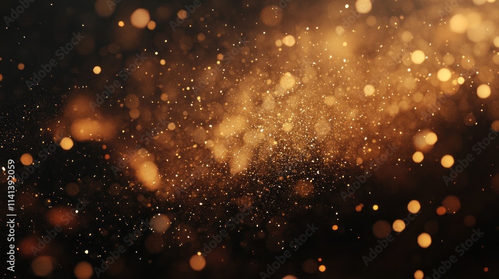 Poster golden particles scatter in dark space with bokeh.