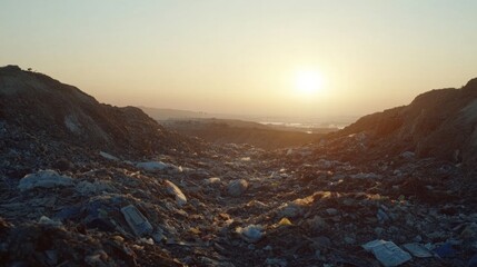 Obraz premium Wide Shot of Landfill at Sunset with Heaps of Waste and Debris