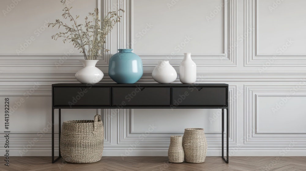 Poster minimalist console table with vases and baskets.