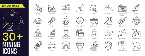 Mining Stroke icon collections. Containing Mining, Diamond, Ground, Shovel, Mine, Bulldozer, Gold, Torch, Mining Saw and Minerals icons. Editable Stroke icon collection Outline icon