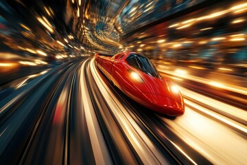 Red train in motion blur inside tunnel with lights.