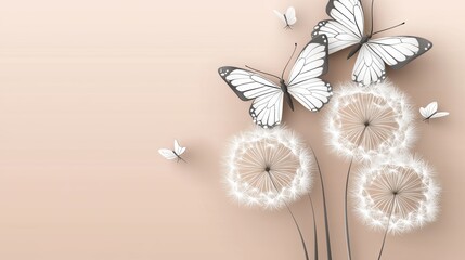 Obraz premium Dandelion seeds and butterflies dance in soft beige background nature art tranquil scene