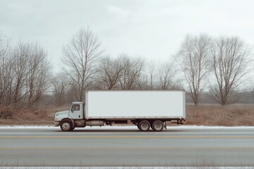 Truck on road in a wintry, overcast landscape.
