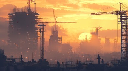 Sunset silhouettes of construction sites with cranes and workers.