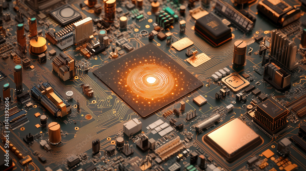 Poster detailed view of circuit board with glowing components and intricate designs, showcasing technology 