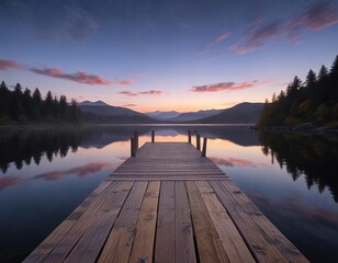 Obraz premium A wooden dock stretches out into a serene lake at twilight, lake, trees, peaceful