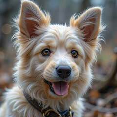 Charming Portrait of a Happy Golden Dog in Autumn Forest, Perfect for Pet Lovers and Nature Enthusiasts