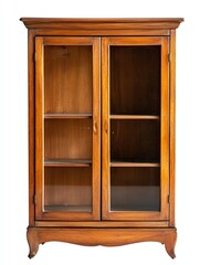A wooden display cabinet with glass doors and multiple shelves, designed for showcasing items or storing collectibles.