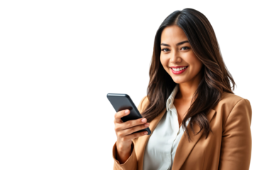 Smiling young beautiful businesswoman holding smartphone, isolated on transparent background