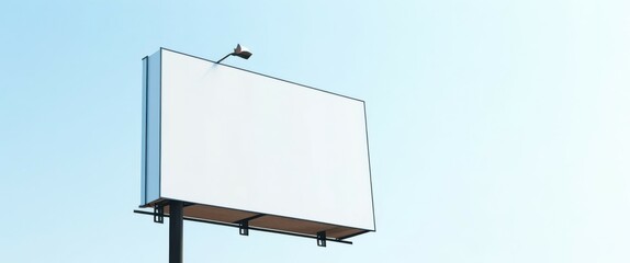 outdoor setting, clear blue sky, white billboard, black metal pole, two black streetlights on top of the billboard, no text or images on the billboard, simple and minim