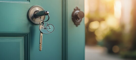 Open door with keys on doorknob, bright outdoor bokeh.