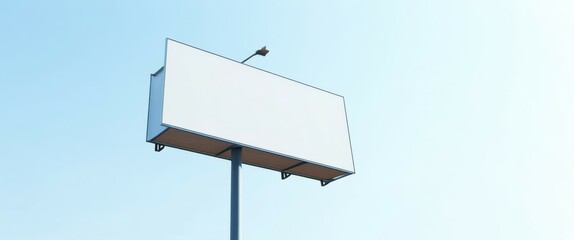 outdoor setting, clear blue sky, white billboard, black metal pole, two black streetlights on top of the billboard, no text or images on the billboard, simple and minim