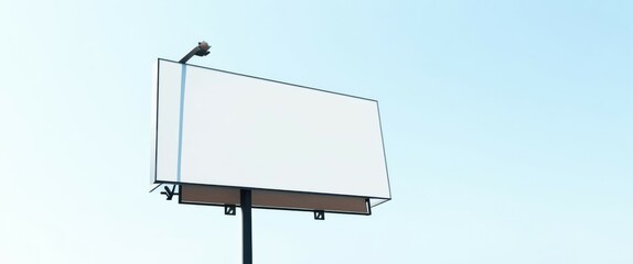 Obraz premium outdoor setting, clear blue sky, white billboard, black metal pole, two black streetlights on top of the billboard, no text or images on the billboard, simple and minim