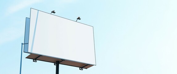 outdoor setting, clear blue sky, white billboard, black metal pole, two black streetlights on top of the billboard, no text or images on the billboard, simple and minim