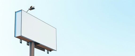 outdoor setting, clear blue sky, white billboard, black metal pole, two black streetlights on top of the billboard, no text or images on the billboard, simple and minim