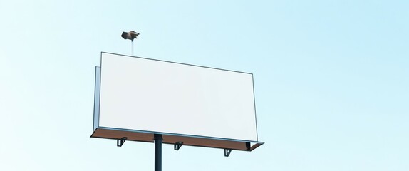 outdoor setting, clear blue sky, white billboard, black metal pole, two black streetlights on top of the billboard, no text or images on the billboard, simple and minim