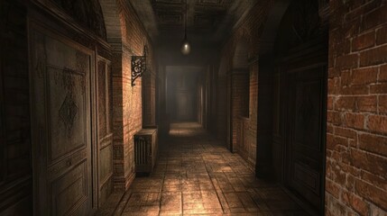 Dark, long hallway with brick walls and wooden doors.