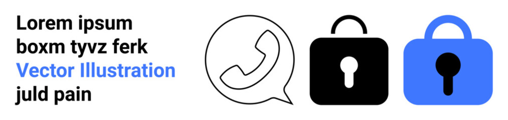 Phone inside speech bubble, black padlock, blue padlock. Ideal for communication security, privacy focus, data protection, app design, digital privacy, website graphics, and cybersecurity interfaces