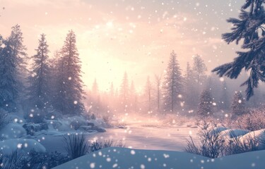 Snowy winter landscape at dusk with forest and frozen pond.