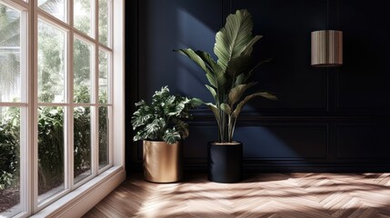 Fototapeta premium Interior with potted plants, window, and shadows.