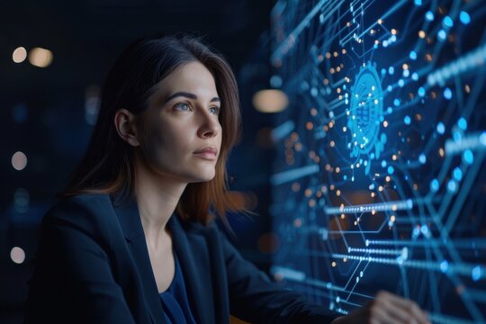 A focused woman gazes at a digital interface filled with glowing data visualizations, embodying technology and innovation in a modern setting.