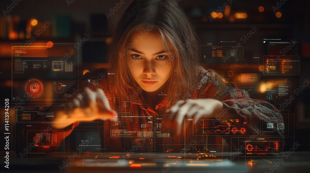 Aufkleber focused woman interacts with high tech holographic interface displaying data and analytics, showcasi