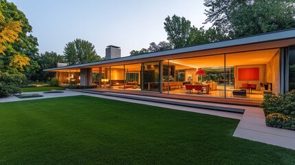 Modern home with glowing interior at dusk, lawn and trees surrounding.