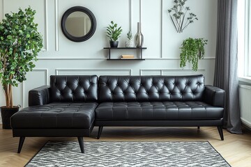 Modern black leather couch with chaise and ottoman, in stylish living room with white walls, grey curtains, and accent decor.