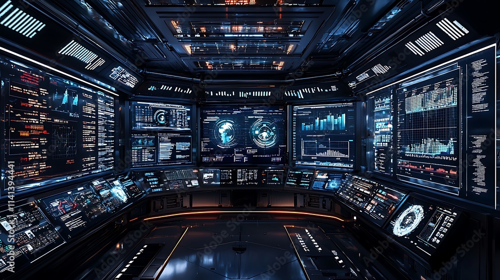 Poster Futuristic control room with numerous screens displaying data and graphs.
