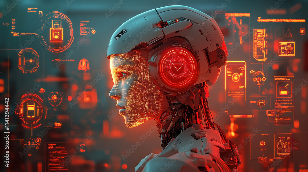 Poster humanoid ai robot with glowing features, surrounded by digital data and security icons, represents a