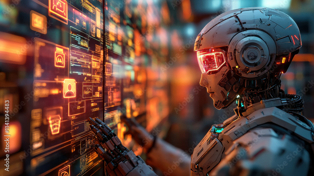 Poster humanoid ai robot interacting with digital interface in futuristic environment, showcasing advanced 