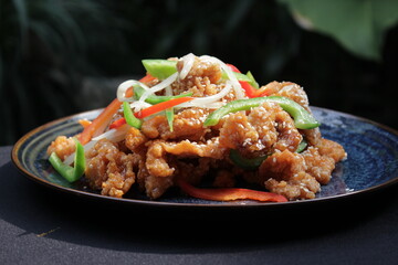 fried chicken skin on the plate natural background