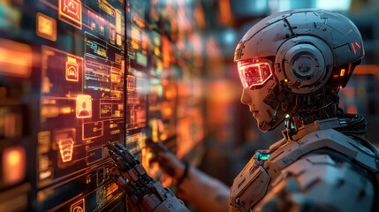 Fototapeta premium humanoid AI robot interacting with digital interface in futuristic environment, showcasing advanced technology and vibrant colors