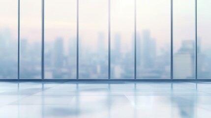 Empty room with glass windows and city skyline view.