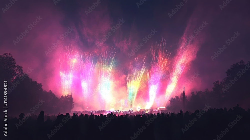 Poster evening colorful fireworks display over a crowd with trees at night.